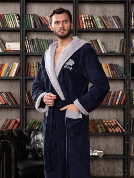 Халат мужской KING с капюшоном Синий "Polens"