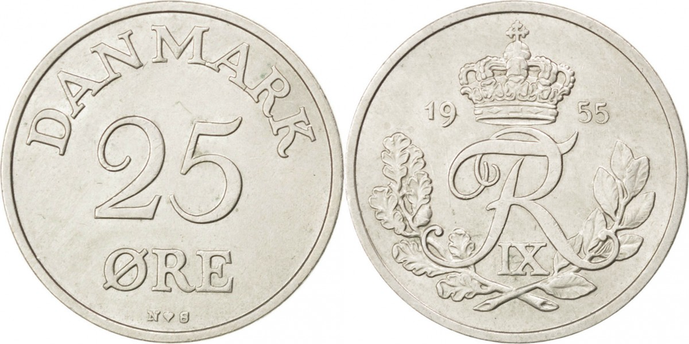 Дания 25 эре, 1948-1960 Король Фредерик IX XF