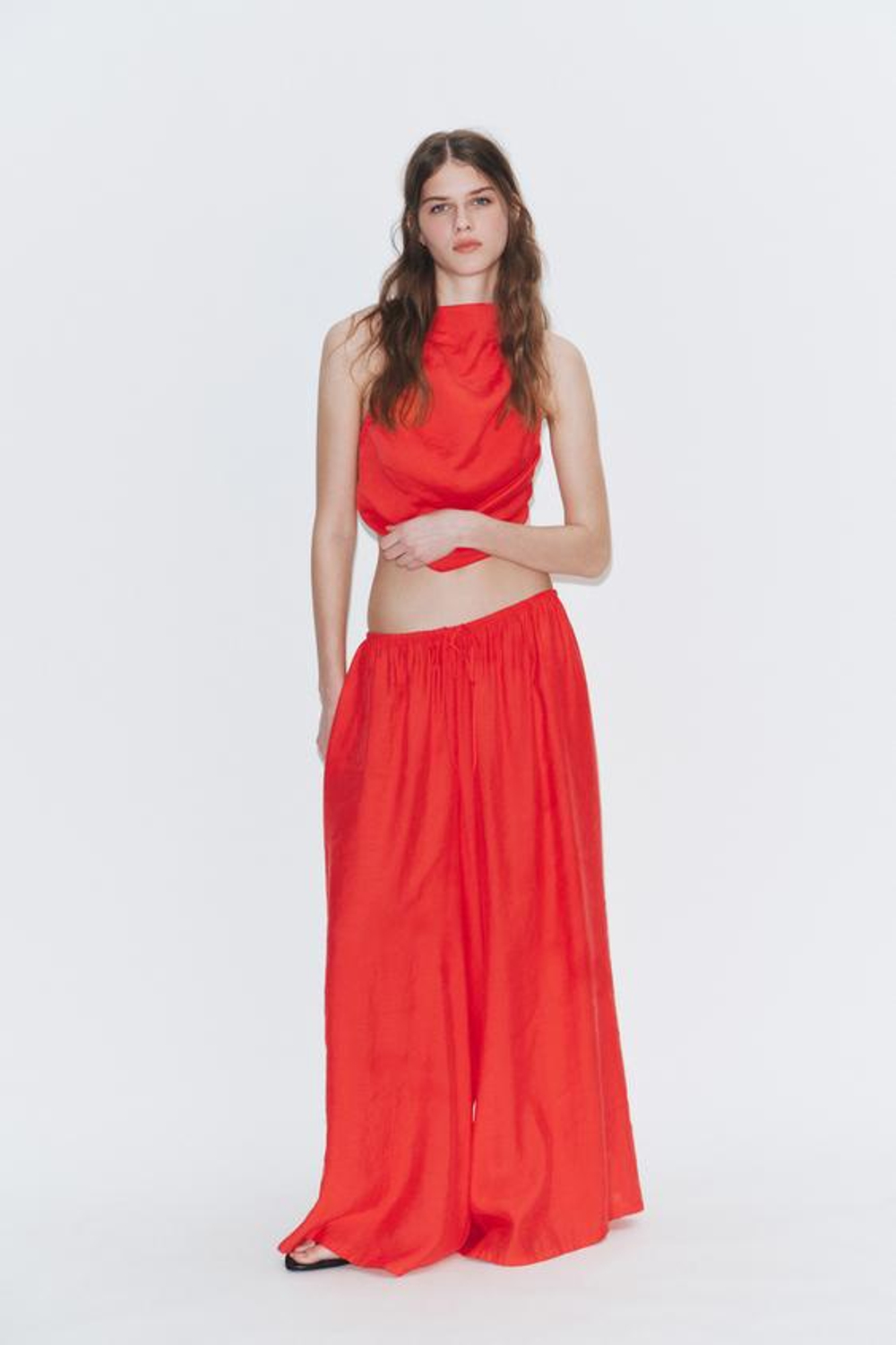 ZARA БРЮКИ ПАЛАЦЦО НА ШНУРКЕ, КОРАЛЛОВО-КРАСНЫЙ