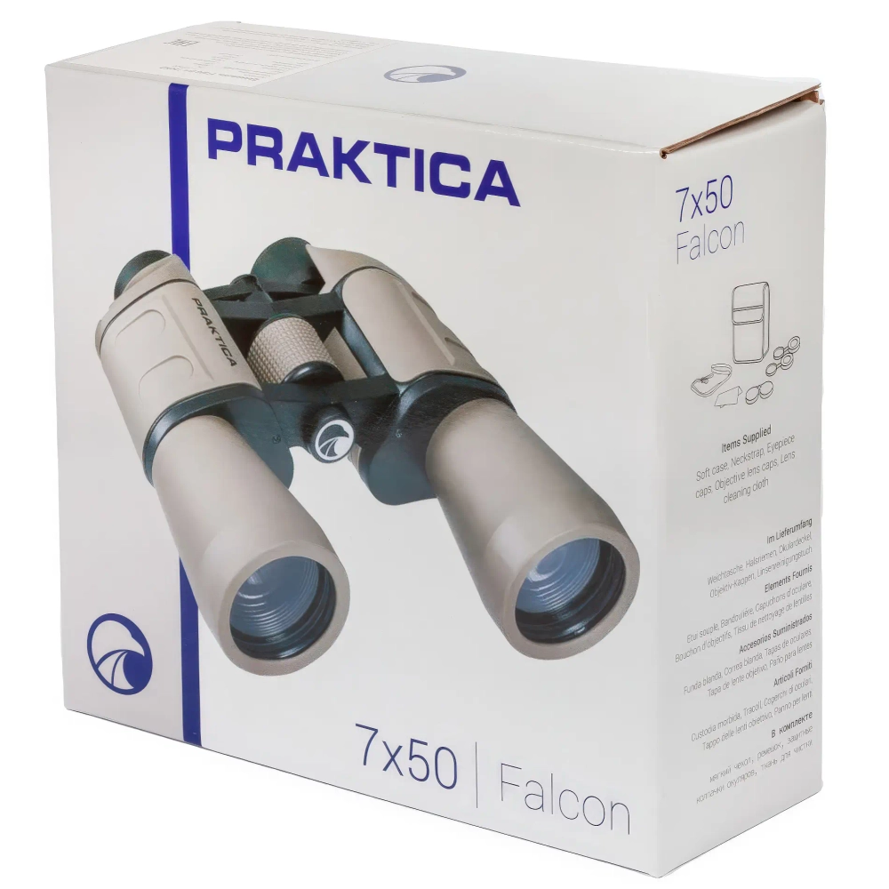 Бинокль Praktica Falcon 7x50 Sand в упаковочной коробке, вид спереди