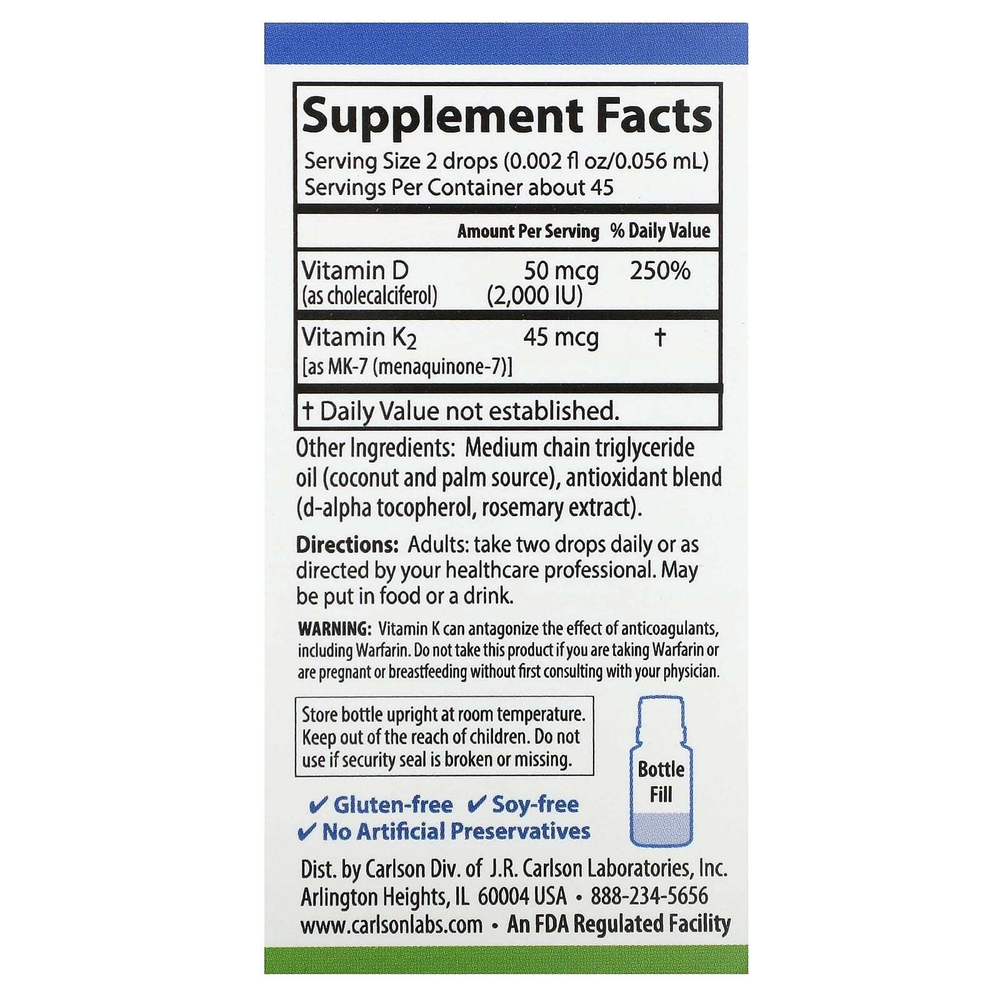 Carlson, Super Daily® D3 + K2, 50 мкг (2000 МЕ) и 45 мкг, 2,54 мл (0,086 жидк. Унции)