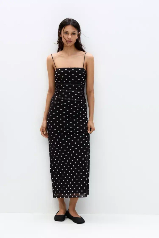 PULL&BEAR Платье миди в горошек с бретельками, черный