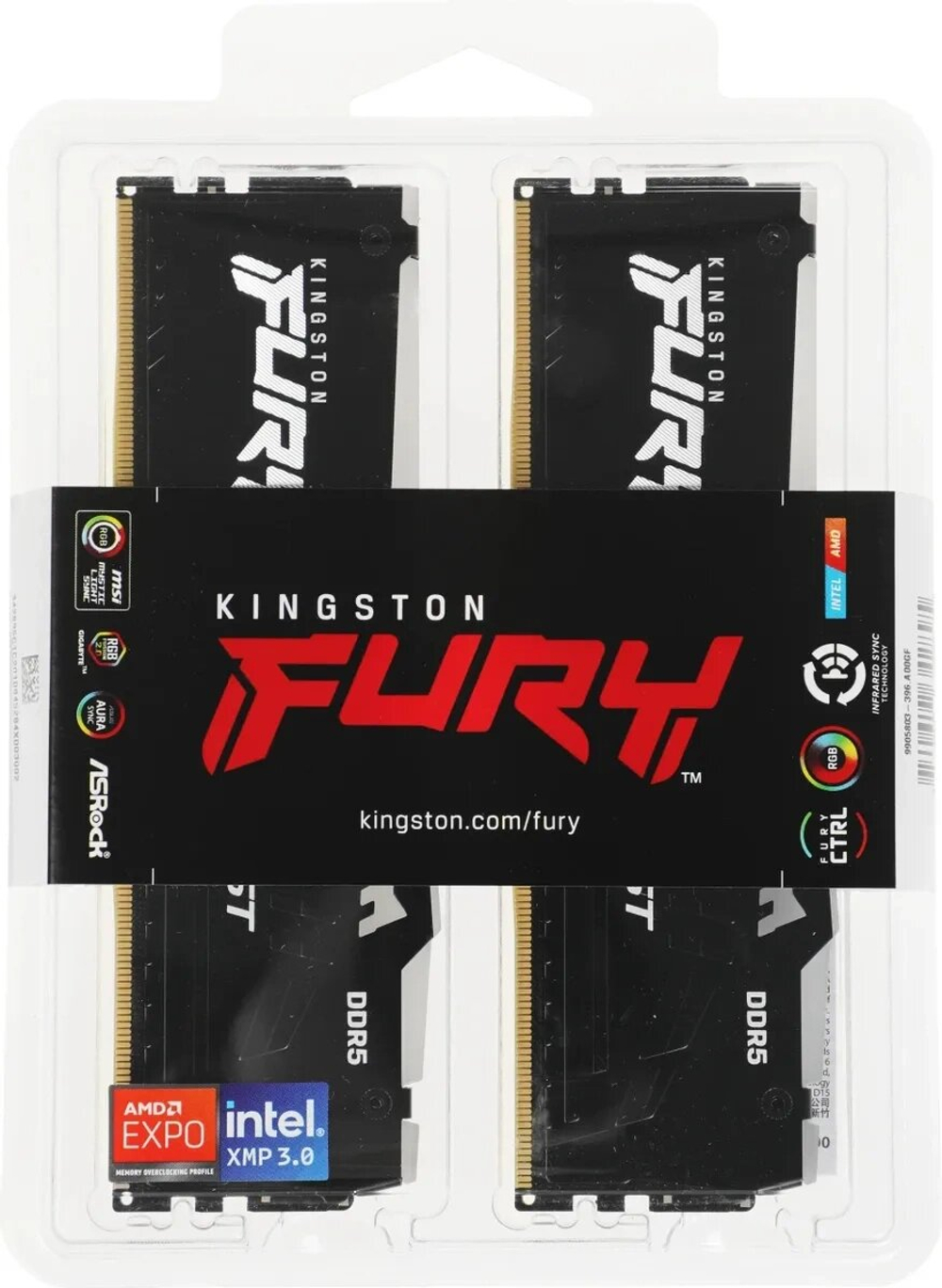 Оперативная память Kingston FURY Beast Black RGB 32 ГБ, DDR5, 2х16 ГБ, 6000 МГц, 30-36-36 (KF560C30BBEAK2-32)