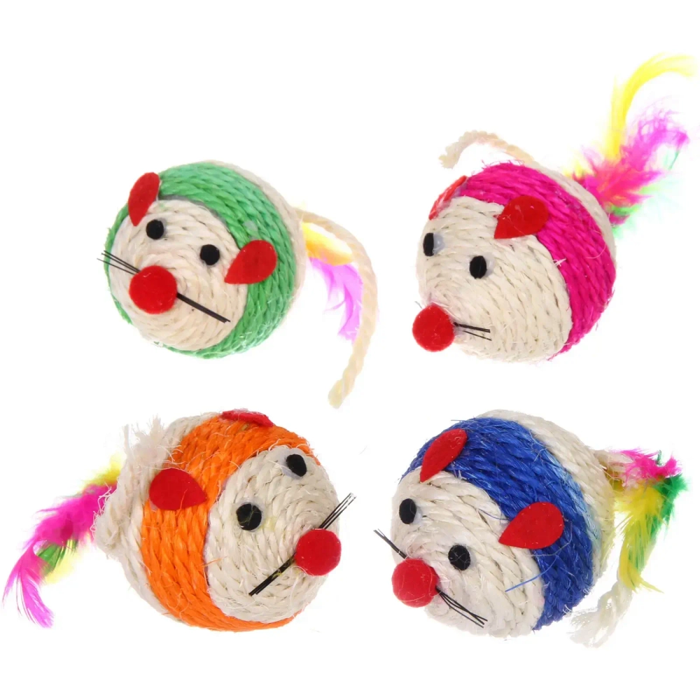 Игрушка - мышка для кошек «ЦЕПКИЕ ЛАПКИ», канатная с пёрышками, микс 4 цвета, 8*6см (пакет с хедером)