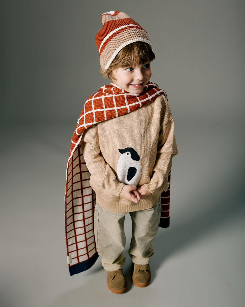 Шарф вязаный "Клетка" (экрю+терракот)