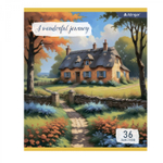 Тетрадь 36 л., А5, линия, Alingar "Пейзажи", скрепка, офсет, мелованный картон (стандарт), 5 дизайнов в пленке т/у