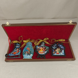 Набор из 4-х ёлочных игрушек "Русская зима" с росписью Палех