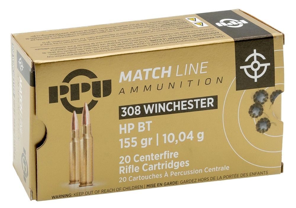 Патрон .308 Win PPU MATCH HP BT 10,04 г/160 gr, коробка 20 шт.