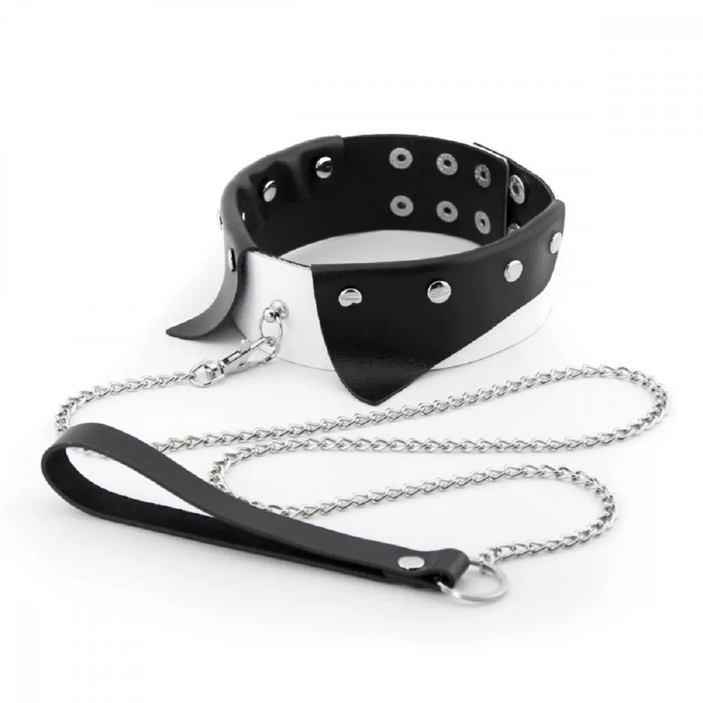 Ошейник воротничок с поводком цепочкой кожа черный белый