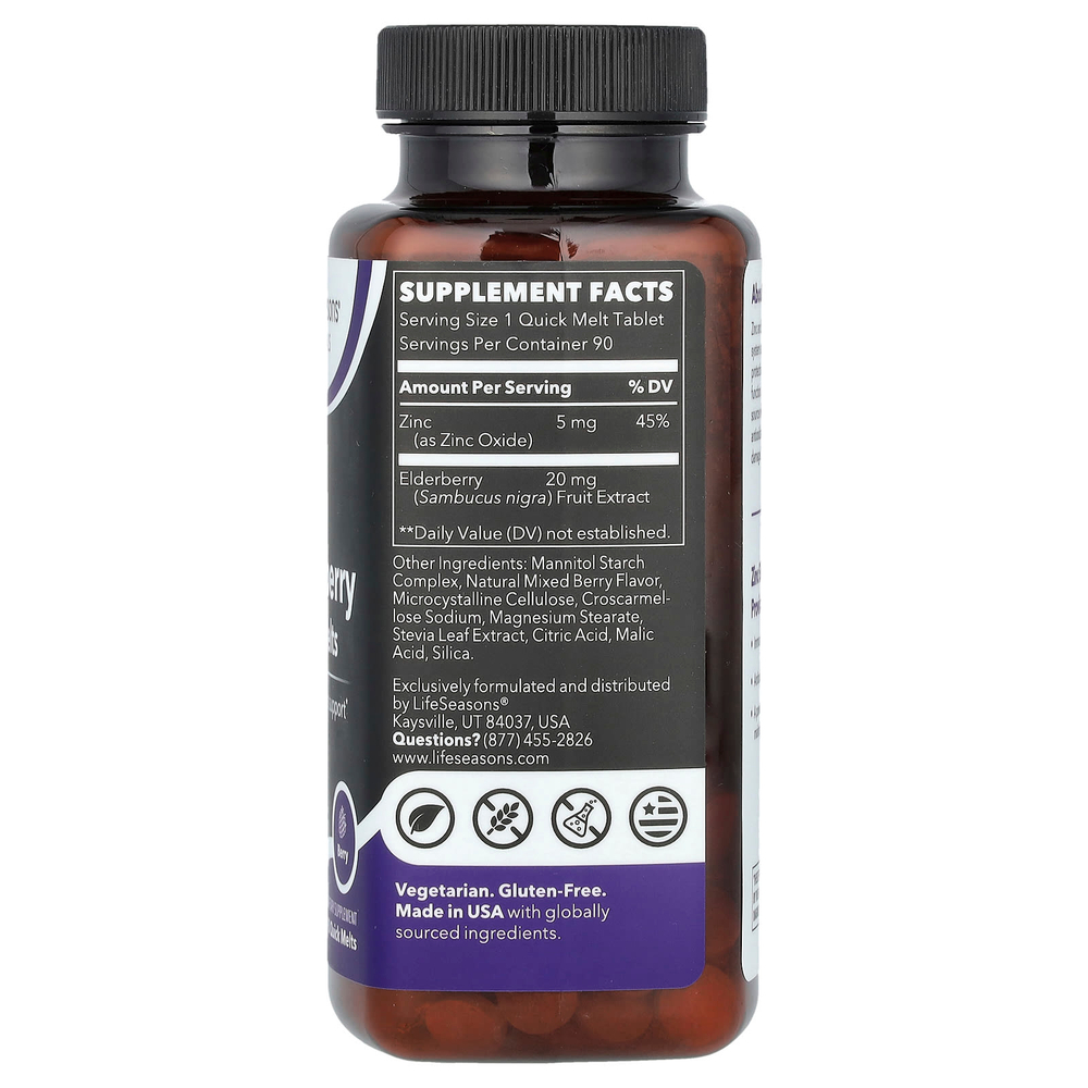 LifeSeasons, Zinc Elderberry Quick Melts, со вкусом ягод, 90