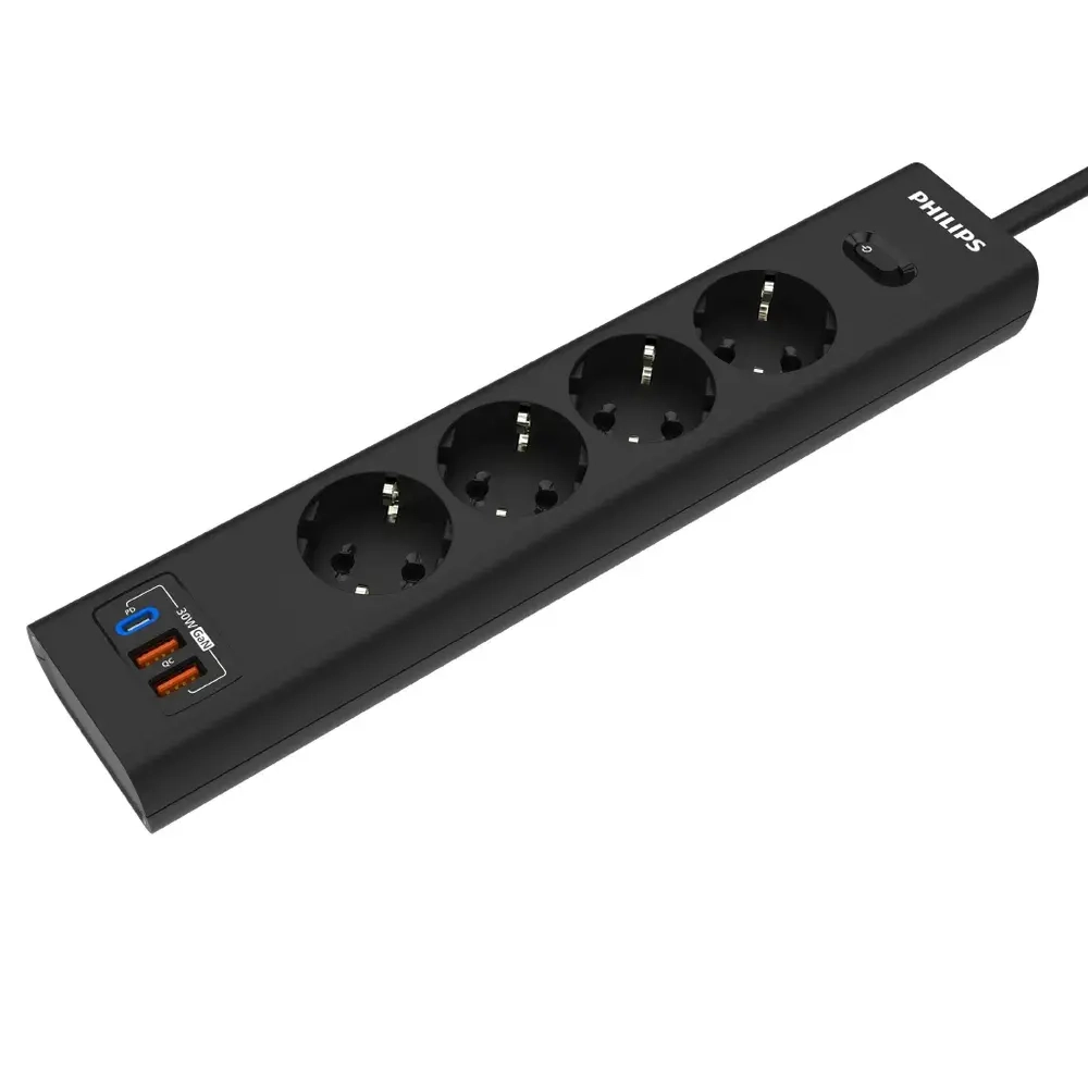 Сетевой фильтр удлинитель Philips CHP8246BA/51 с четырьмя стандартными розетками EU, 2 USB-A, Type-C, с заземлением и защитой от перегрузок, 2 м, черный