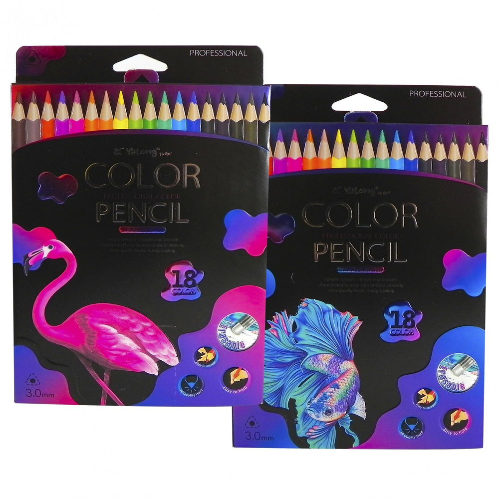 Карандаши цветные с ластиком Yalong 18 цв., "Неоновые животные" деревянные, трехгранные, заточенные, грифель 3.0 мм, картон. уп., европодвес