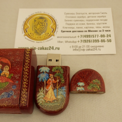 Флешка USB в футляре с ручной росписью Палех "Тройка"