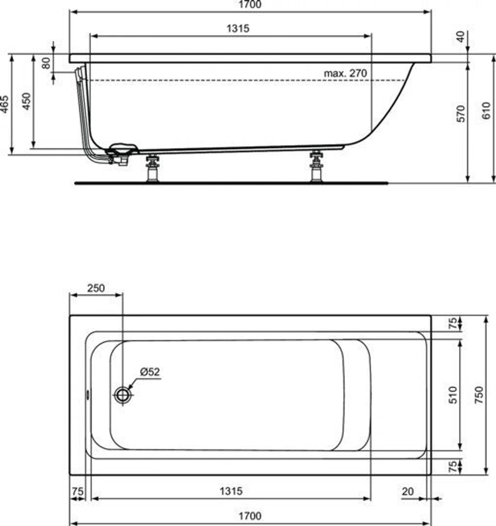 Акриловая ванна Ideal Standard 170х75 E106401 CONNECT AIR