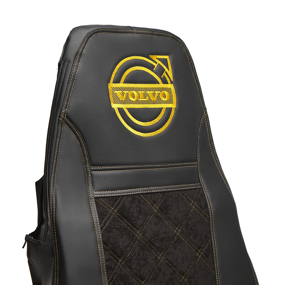 Чехлы VOLVO FM после 2008 года: 2 высоких сиденья, ремень у водителя из сиденья, у пассажира - от стоек кабины (один вырез на чехлах) (экокожа, черный, желтая вставка)
