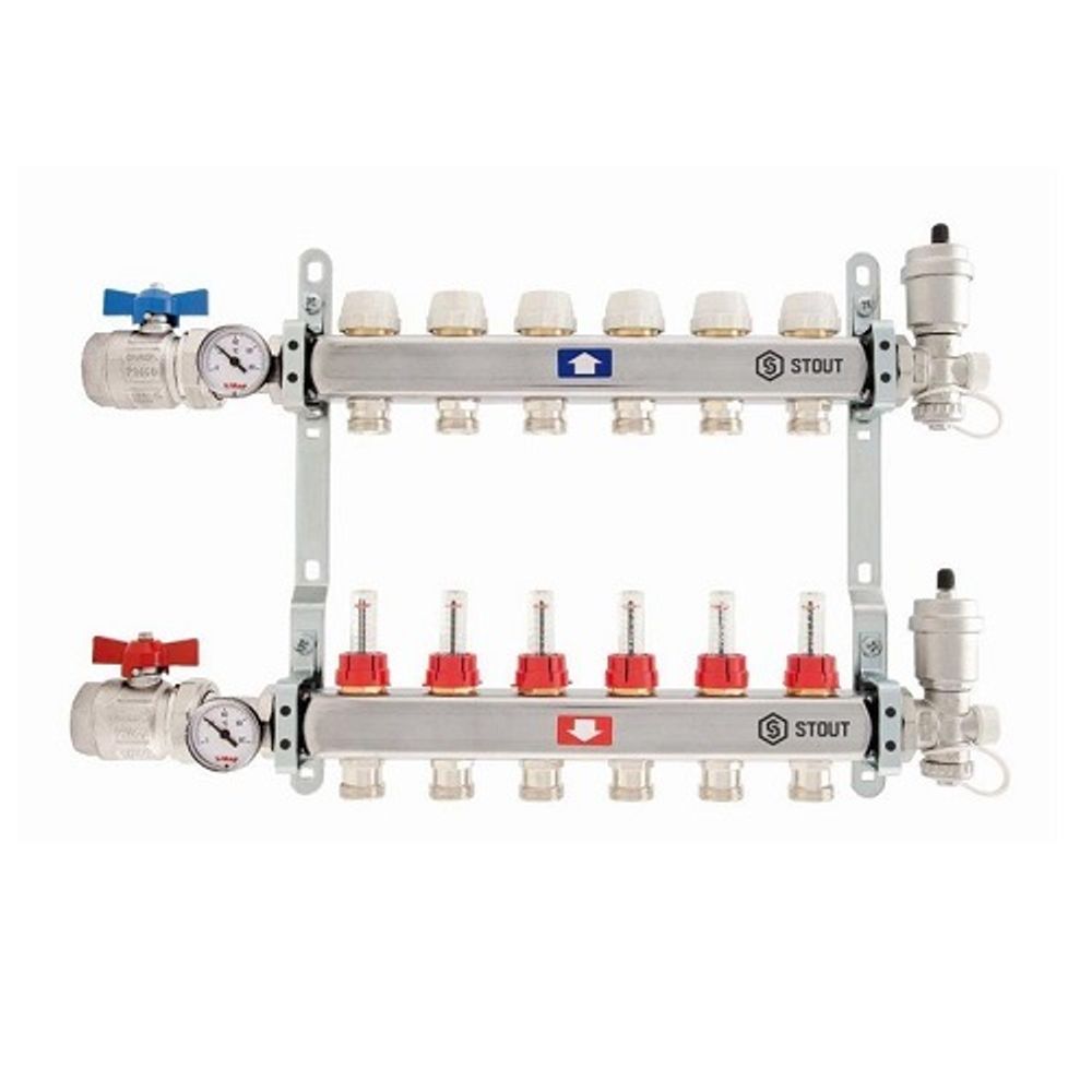 Коллекторная группа в сборе STOUT - 1&quot; на 6 контуров 3/4&quot; (нерж.сталь, с расходомерами)
