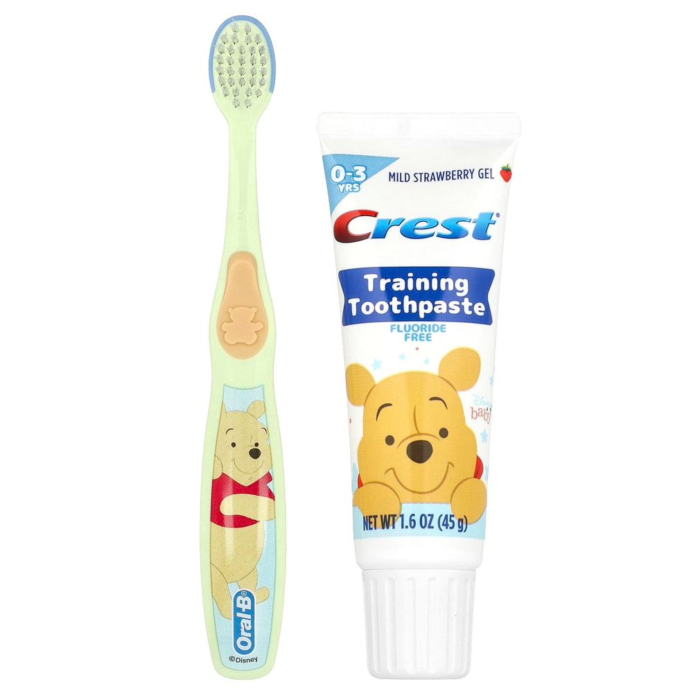 Crest, набор с зубной пастой для обучения детей, мягкая щетина, для детей от 0 до 3 лет, Винни Пух, нежная клубника, 1 набор