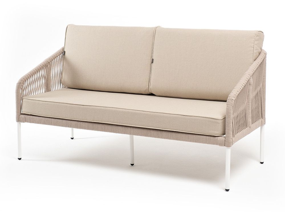 "Канны" диван 2-местный плетеный из роупа, каркас алюминий белый муар, роуп бежевый круглый, ткань бежевая 15052