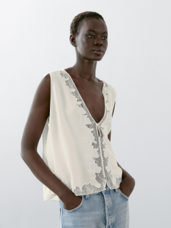 Massimo Dutti Струящаяся блузка с кружевной отделкой, натуральный