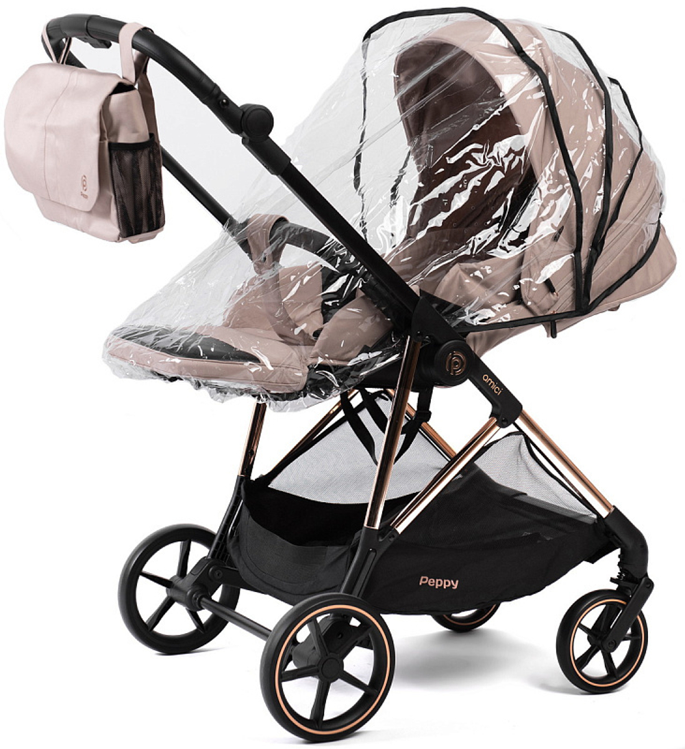 Прогулочная коляска Peppy Amici с автокреслом Verona Black Beige рама Gold