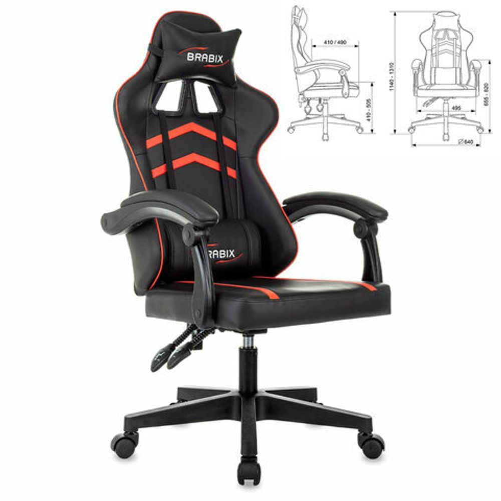Кресло компьютерное BRABIX "Shooter GM-123", 2 подушки, экокожа, черное/красное, 533190