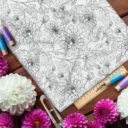 Ткань габардин нарисованные георгины на белом фоне