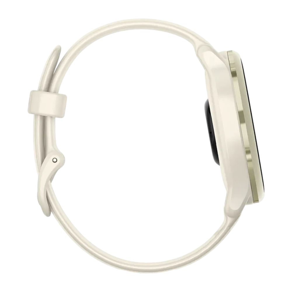 Фитнес-трекер Garmin vivoactive 6, силиконовый ремешок цвета кости Безель цвета «лунное золото», AMOLED-дисплей с Gorilla Glass 3. Ремешок с классической застёжкой — на запястье обхватом 125–190 мм