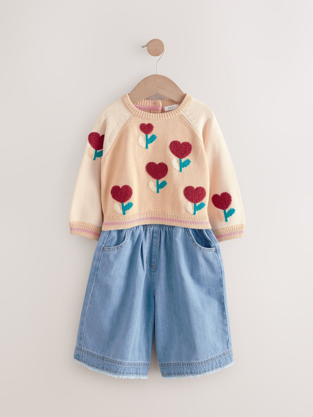 Свитер и джинсы широкие в комплекте для девочки Next E25-171, Светло-желтый, Синий