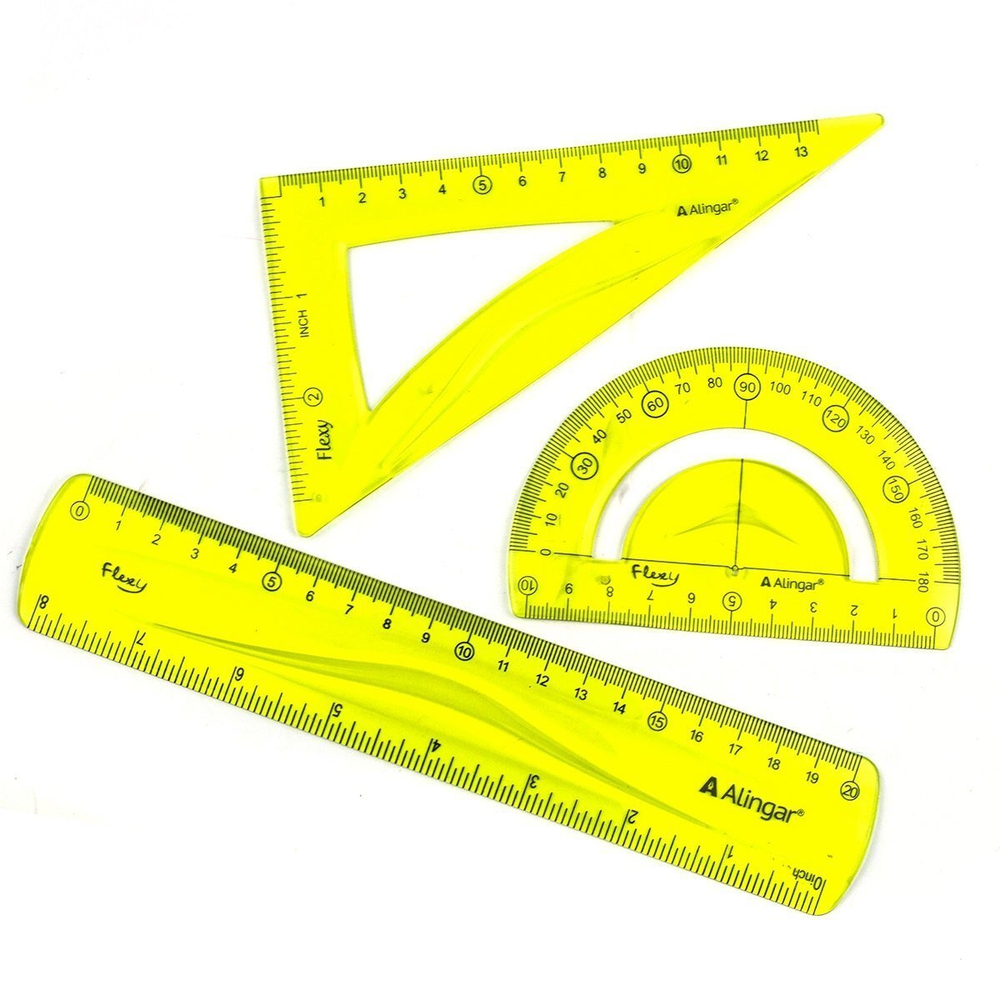 Набор чертежный Alingar, 20 см, пластиковый, 3 предмета,гибкий, 2 шкалы см/дюйм, цвета ассорти, пакет ПВХ с европодвесом