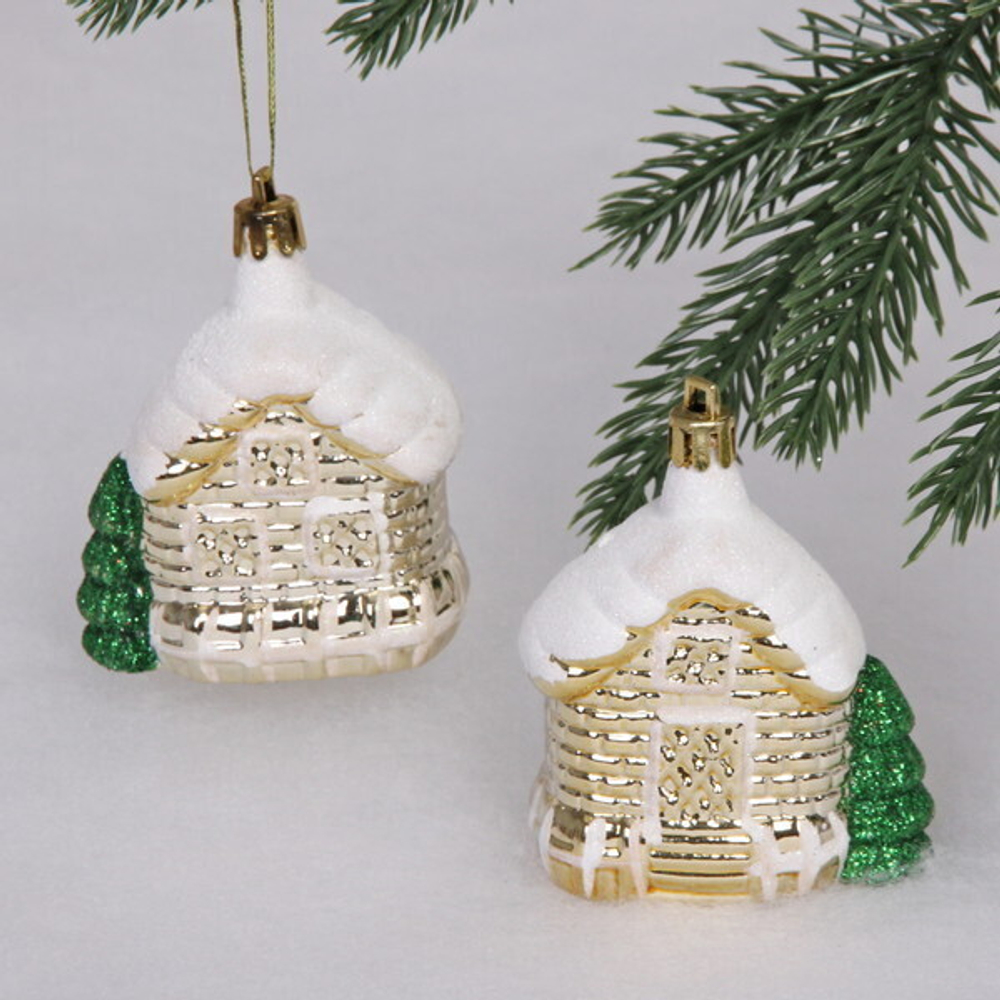 Елочные игрушки «Домик в лесу» 7 см (набор 2 шт), Золото
