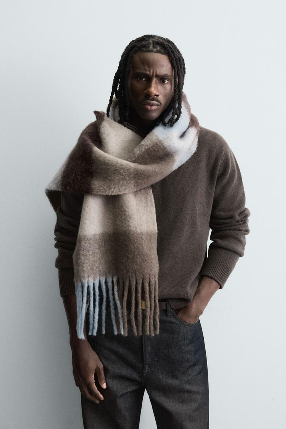 ZARA ШАРФ В КЛЕТКУ С БАХРОМОЙ, КОРИЧНЕВО-СИНИЙ