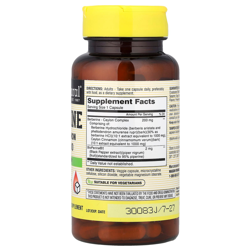 Mason Natural, берберин с BioPerine®, 60 растительных капсул