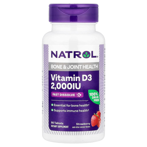 Natrol, витамин D3, клубника, 2000 МЕ, 90 таблеток