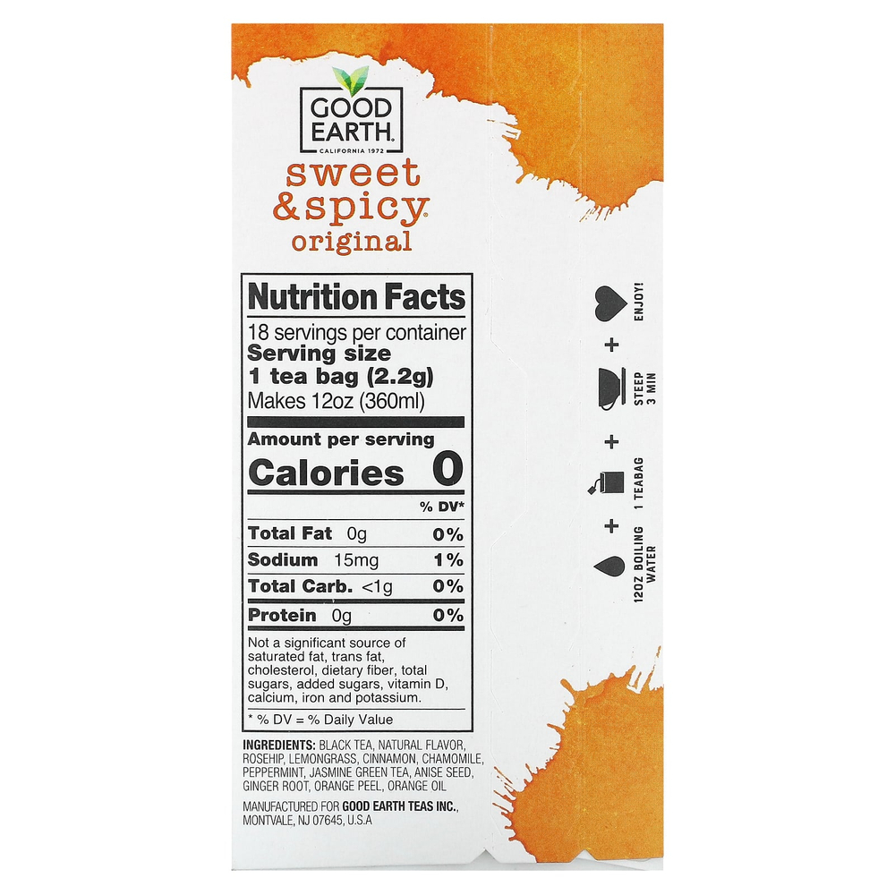 Good Earth Teas, травяной и черный чай, сладкий и пряный, оригинальный вкус, 18 чайных пакетиков, 40,5 г (1,43 унции)