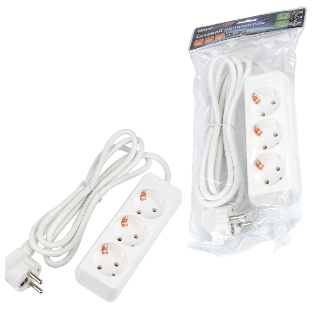 S-GCU3-2 WHITE Удлинитель серии Ultra. шнур 2м.. 3 гнезда. 16A. с-з. Белый. TM Uniel