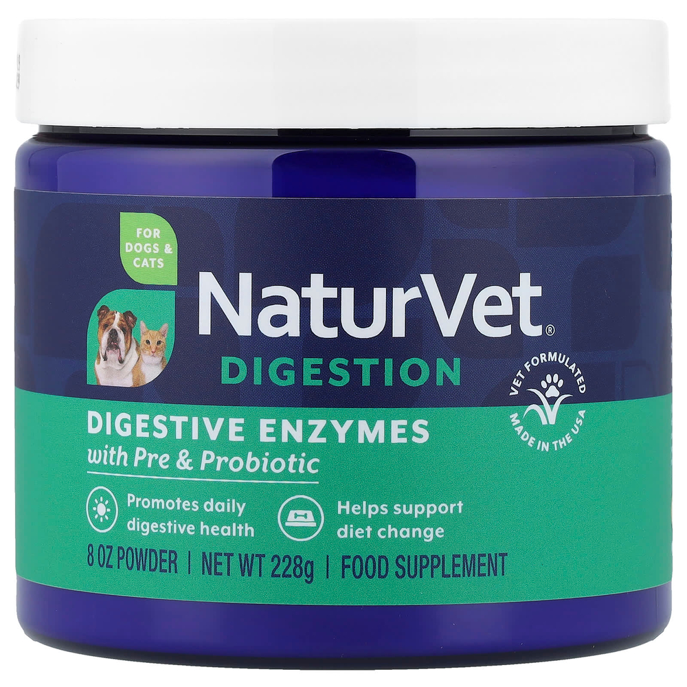 NaturVet, Digestion, пищеварительные ферменты с пребиотиками и пробиотиками, для собак и кошек, 228 г (8 унций)