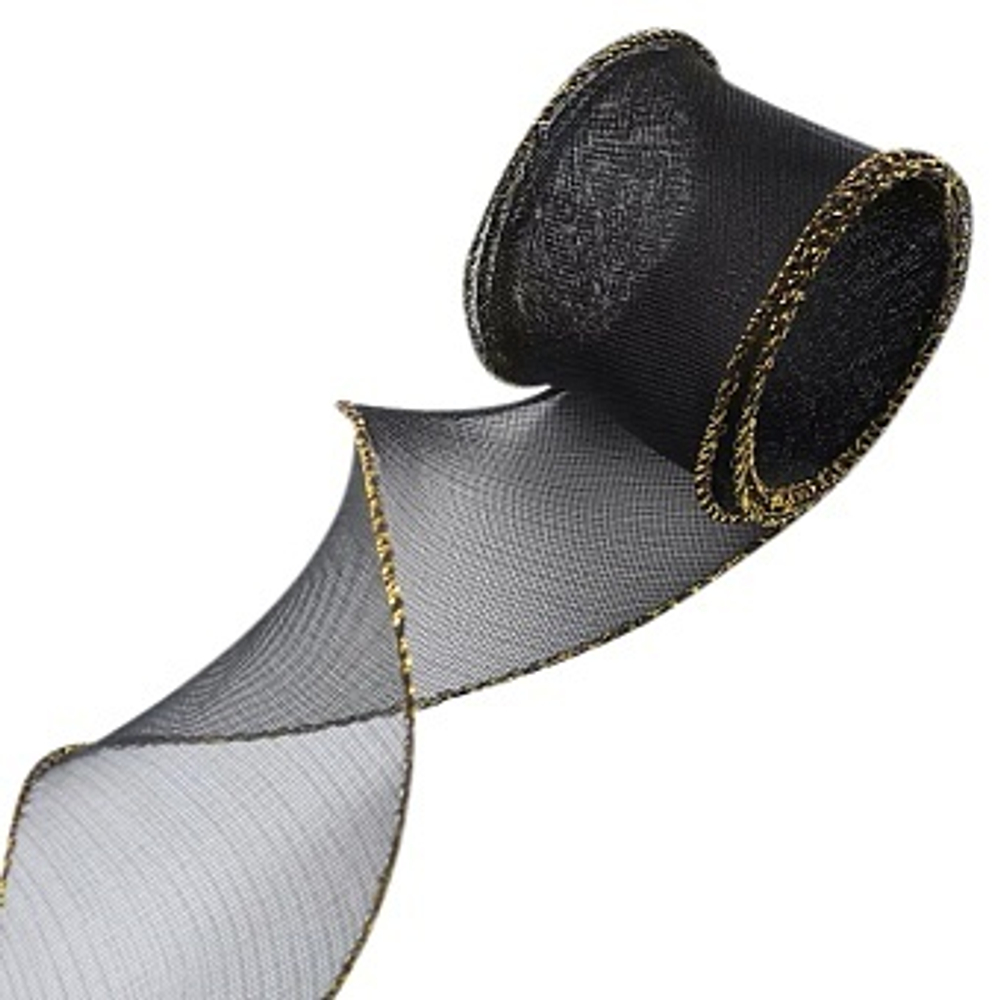 Лента декоративная (4 см*9,14 м) Органза с леской Золотая кайма Черный
