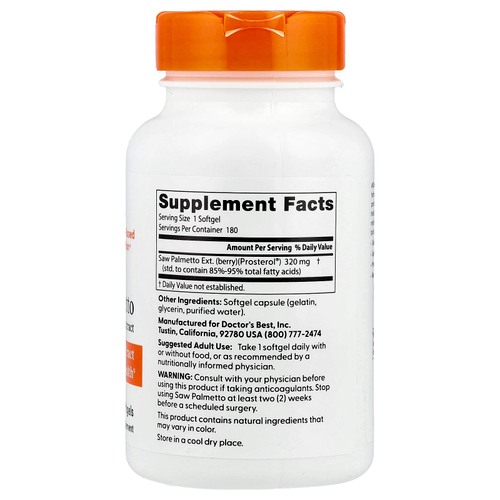 Doctor's Best, сереноя, стандартизированный экстракт, 320 мг, 180 мягких таблеток