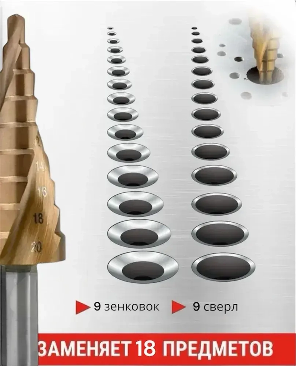 Сверло ступенчатое кобальтовое конусное по металлу 4-20 Р6М5К5
