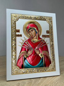 Семистрельная БМ, икона прямоугольная с рамкой, белое дерево, эмаль 210х260