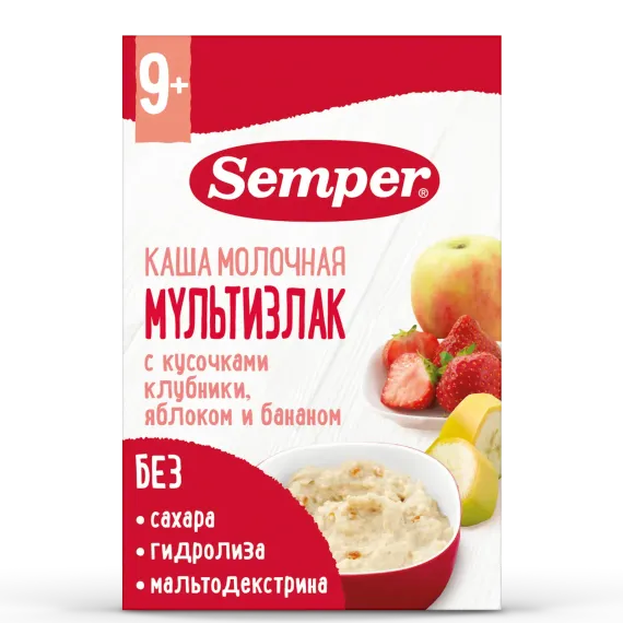 Каша молочная Semper мультизлаковая-клубника-яблоко-банан 180г с 9месяцев