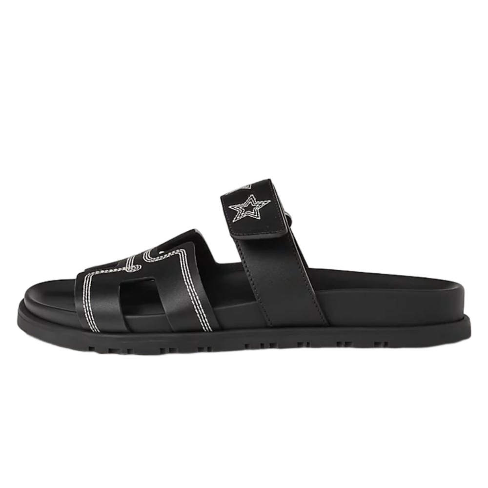 Hermes Chypre Leather Round Toe Open Toe Slippers Women's Black, H232142Z 02