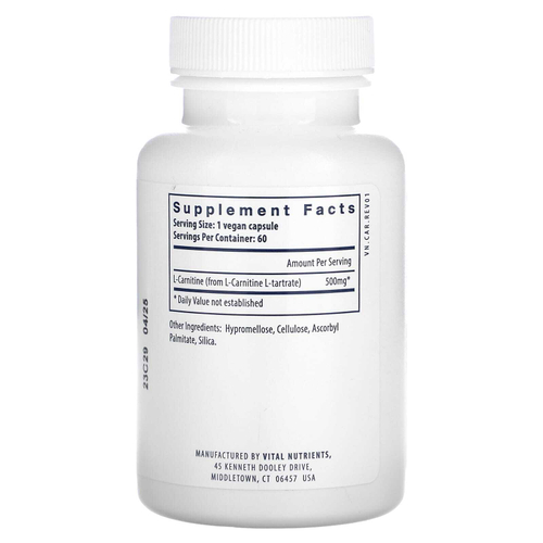 Vital Nutrients, Карнитин, 60 веганских капсул (500 мг на капсулу)