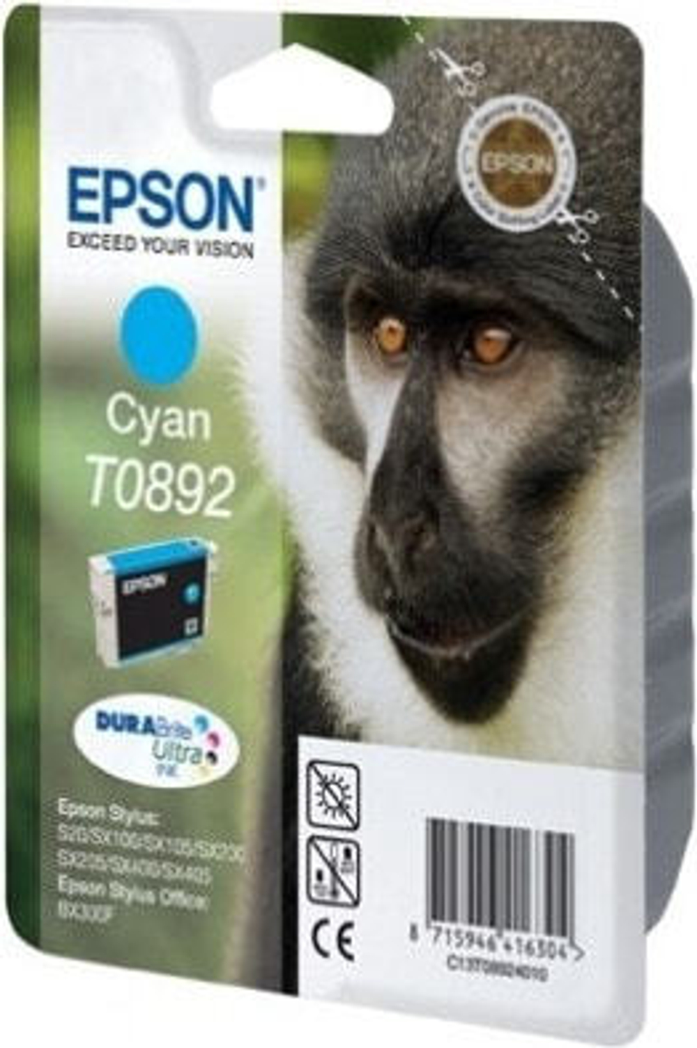 Epson Monkey T0892 Cyan DURABrite Ink Cartridge Подлинный Голубой 1 шт C13T089240