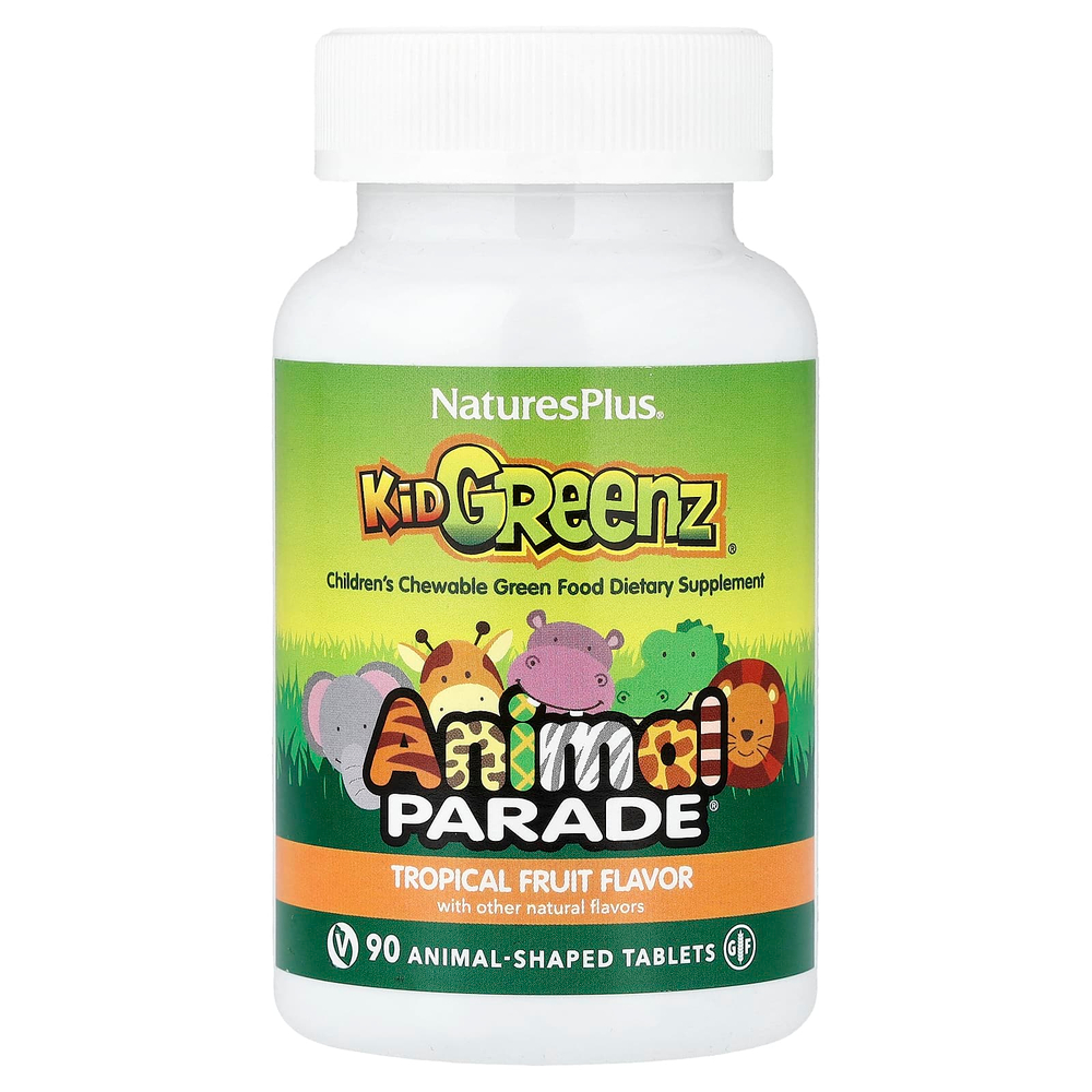 NaturesPlus, Animal Parade®, Kid Greenz®, пищевая добавка для детей с натуральным вкусом зелени, тропические фрукты, 90 таблеток в форме животных