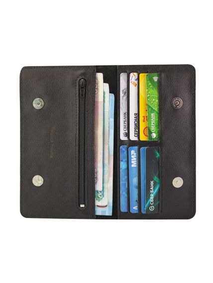 Фото функционального кошелька Всевидящее Око из черной кожи, развернутый вид с наполнением.
