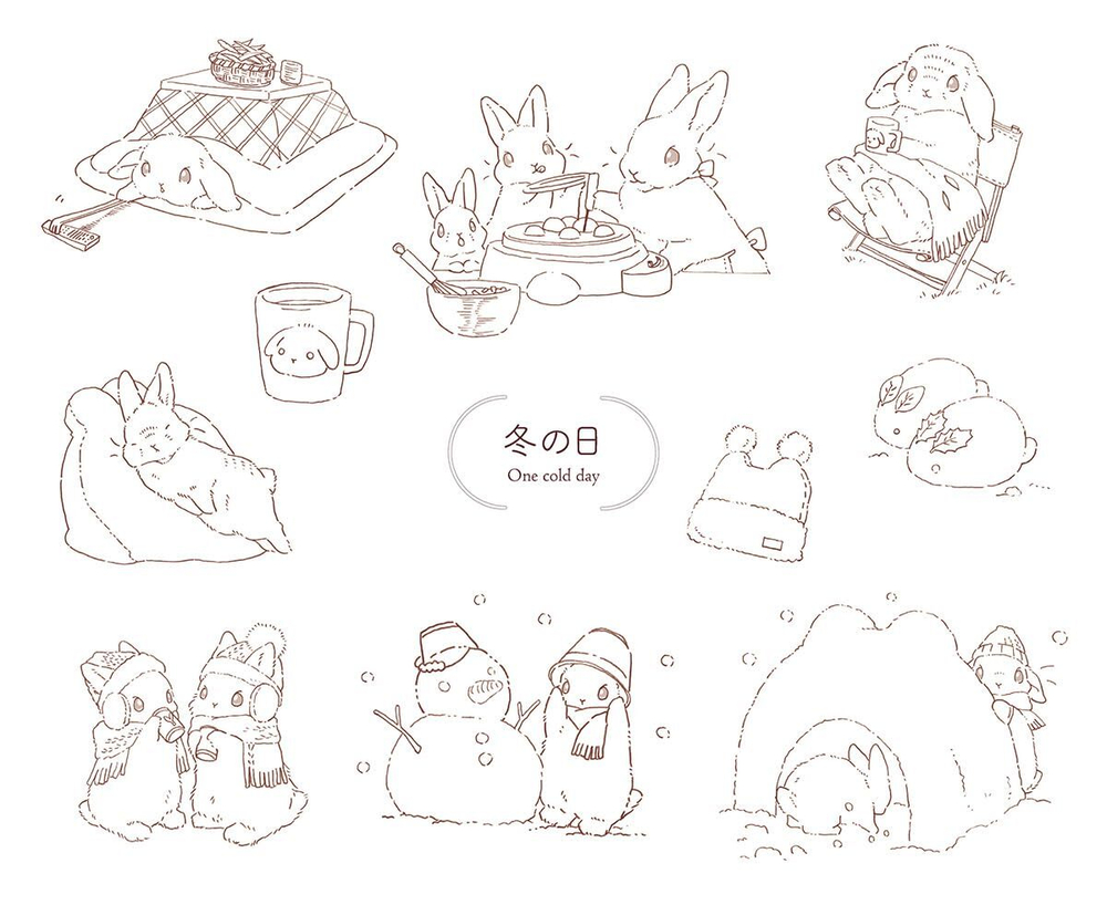 Rabbits and Nostalgic Japanese Scenery. Coloring Book