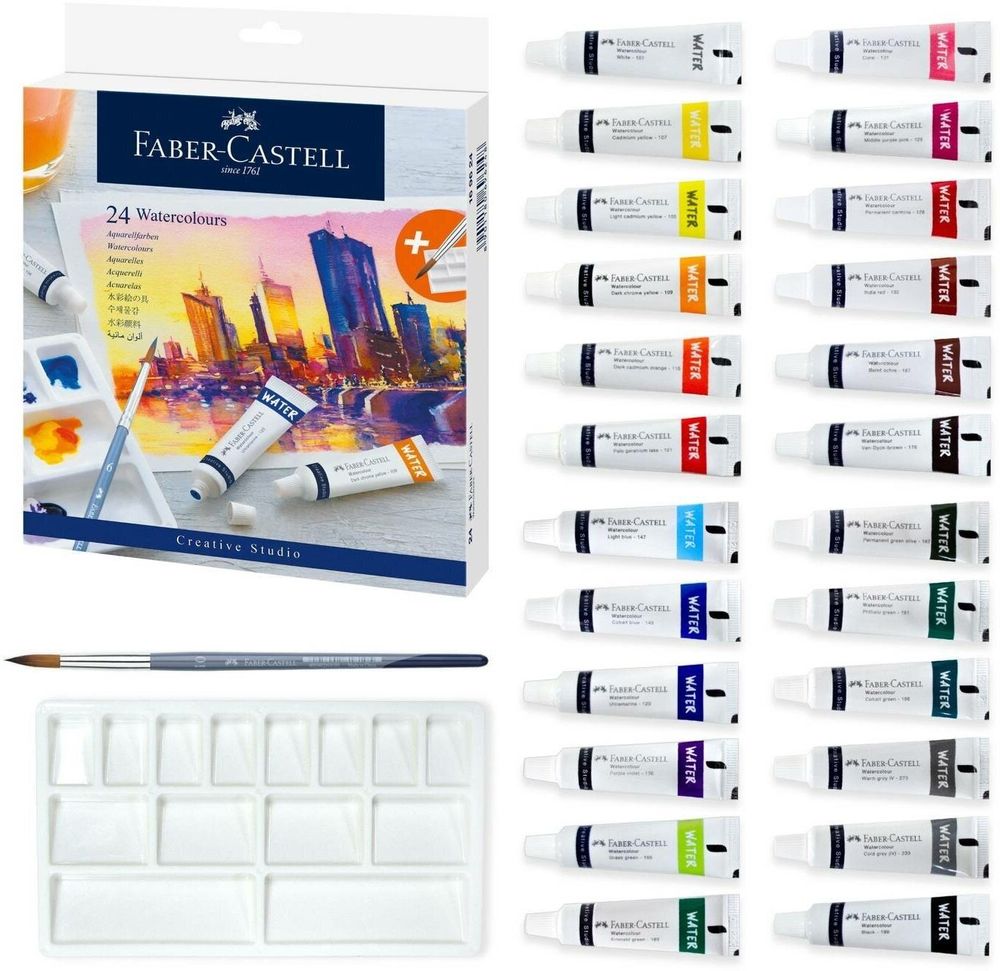 Акварель художественная Faber-Castell "Watercolours", 24цв., 9мл, туба, картон. упаковка