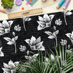 Ткань атлас скульптура цветов на чёрном фоне с надписями