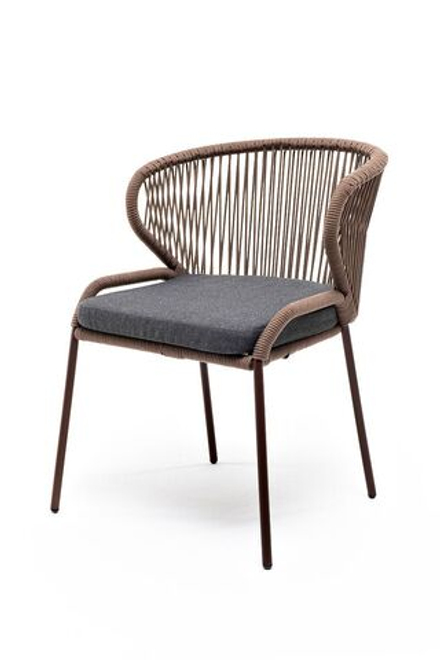"Милан" стул плетеный из роупа, каркас алюминий коричневый (RAL8016) шагрень, роуп коричневый круглый, ткань темно-серая 019